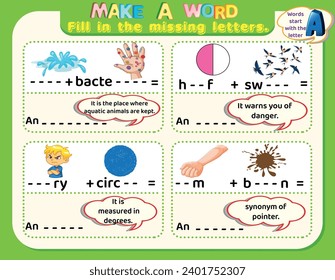 Educational logical worksheet for kids: make new words that start with the letter A to study English. Printable kids spelling activity worksheet.
