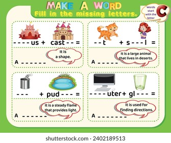 Educational logical worksheet for kids: make new words that start with the letter C to study English. Printable puzzle and spelling activity.

