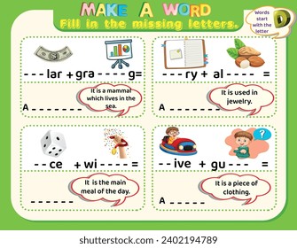 Educational logical worksheet for kids: make new words that start with the letter D to study English. Printable puzzle and spelling activity.
