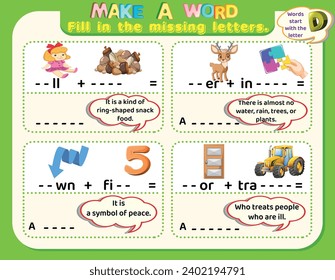 Educational logical worksheet for kids: make new words that start with the letter D to study English. Printable puzzle and spelling activity.
