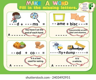 Educational logical worksheet for kids: make new words that start with the letter F to study English. Printable puzzle and spelling activity.
