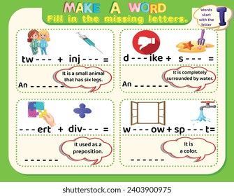 Educational logical worksheet riddles for kids: Make new words that start with the letter I to study English. Printable puzzle and spelling activity.
