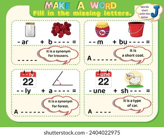 Educational logical worksheet riddles for kids: Make new words that start with the letter J to study English. Printable puzzle and spelling activity.
