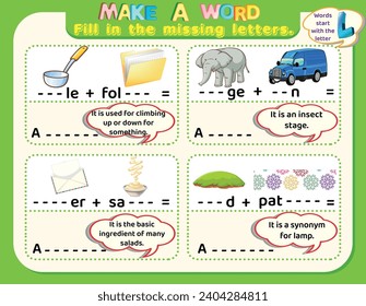 Retos de hoja de cálculo lógicos educativos para niños: Haz nuevas palabras que empiecen con la letra L para estudiar inglés. Rompecabezas imprimible y actividad ortográfica.
