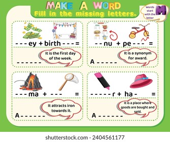 Educational logical worksheet riddles for kids: Make new words that start with the letter M to study English. Printable puzzle and spelling activity.
