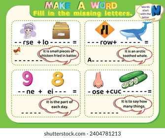 Educational logical worksheet riddles for kids: Make new words that start with the letter N to study English. Printable puzzle and spelling activity.

