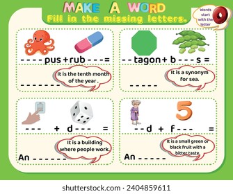 Educational logical worksheet riddles for kids: Make new words that start with the letter O to study English. Printable puzzle and spelling activity.

