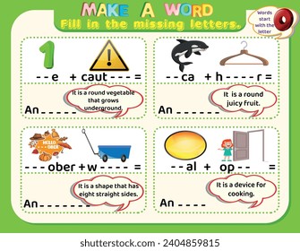 Educational logical worksheet riddles for kids: Make new words that start with the letter O to study English. Printable puzzle and spelling activity.
