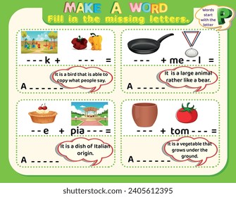 Educational logical worksheet riddles for kids: Make new words that start with the letter P to study English. Printable puzzle and spelling activity.
