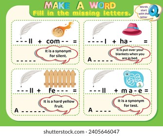 Educational logical worksheet riddles for kids: Make new words that start with the letter Q to study English. Printable puzzle and spelling activity.
