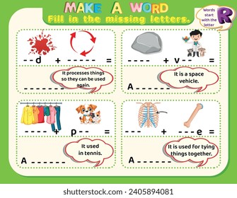 Educational logical worksheet riddles for kids: Make new words that start with the letter R to study English. Printable puzzle and spelling activity.
