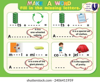Educational logical worksheet riddles for kids: Make new words that start with the letter U to study English. Printable puzzle and spelling activity.
