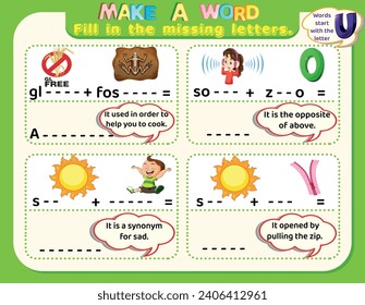 Educational logical worksheet riddles for kids: Make new words that start with the letter U to study English. Printable puzzle and spelling activity.
