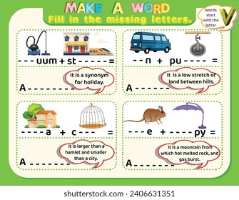 Educational logical worksheet riddles for kids: Make new words that start with the letter V to study English. Printable puzzle and spelling activity.
