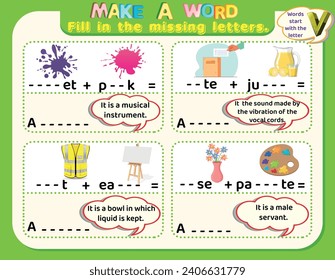 Educational logical worksheet riddles for kids: Make new words that start with the letter V to study English. Printable puzzle and spelling activity.
