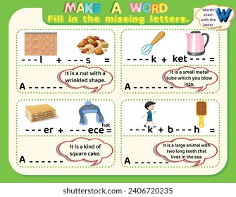 Educational logical worksheet riddles for kids: Make new words that start with the letter W to study English. Printable puzzle and spelling activity.
