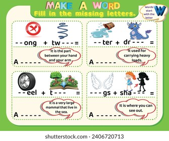 Educational logical worksheet riddles for kids: Make new words that start with the letter W to study English. Printable puzzle and spelling activity.
