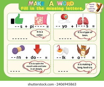 Educational logical worksheet riddles for kids: Make new words that start with the letter Y to study English. Printable puzzle and spelling activity.
