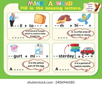 Educational logical worksheet riddles for kids: Make new words that start with the letter Y to study English. Printable puzzle and spelling activity.
