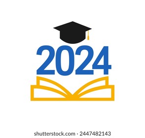 Educational logo concept for class of 2024 graduates. Isolated badge. School banner template. Students of 2024 creative icon. Welcome back to school invitation idea. Decoration design. Diploma cover.