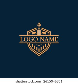 Educational logo design with book, shield, and fire torch