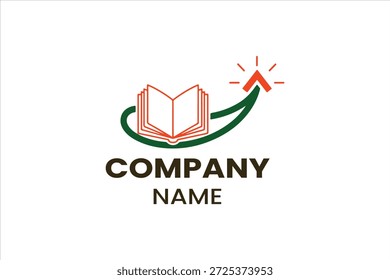 El diseño educativo del logotipo presenta un libro abierto combinado con una línea swoosh verde y una flecha naranja que apunta hacia arriba que simboliza el éxito del conocimiento, el logro académico y la Plantilla de progreso hacia adelante adecuada para la publicación de la universidad escolar o la institución de aprendizaje en línea