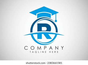 Alfabeto inglés R en un círculo con sombrero educativo. Vector del logotipo de educación y graduación