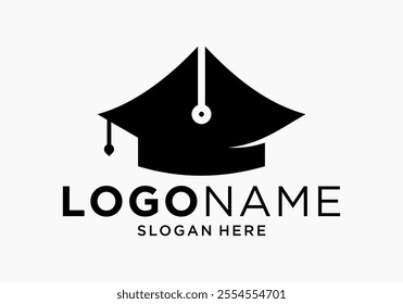 Educational logo with graduation cap or bachelor cap and flat pencil icon.