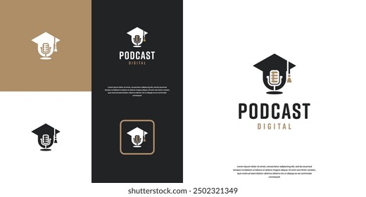 Educational logo and microphone, share knowledge, experience, design vector template.