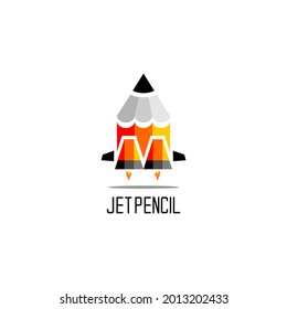 Educational logo with a pencik in the shape of an airplane with jet pencil writing, symbols and icons