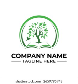 Educational Logo Showcasing Growth and Knowledge with a Tree Rising from a Book within a Circular Border Design