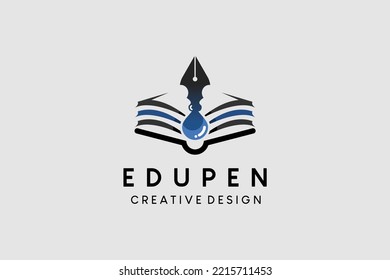 Educational logo template design with book icon elements and ink pen icon