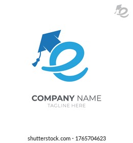 Educational logo template, initial letter lowercase e with graduation cap/toga, simple flat logo style blue color