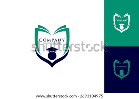 Educational logo template with student, book and shield. University or school vector icon