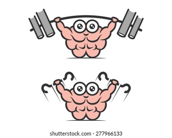 Educational logo vector design template. A brain with muscles, that makes exercises with books and question marks.