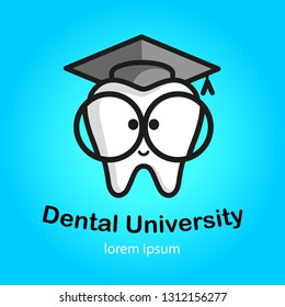 Educational logo. White tooth with big glasses. Trowel, square academic cap, graduation hat icon. Vector illustration