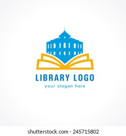 Educational logotype template. Learning, teaching, reading, training, publishing, studying colored template. Historic building. Abstract isolated colorful label pages shape coloured emblem.