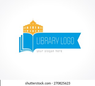 Educational logotype template. Learning, teaching, reading, training, publishing, studying colored template. Historic building. Abstract isolated colorful label pages shape blue gold coloured emblem.