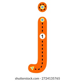 Hoja de trabajo educativa de trazado de letra J minúscula para niños. Adecuado para la práctica de escritura a mano en preescolar y aprendizaje temprano.