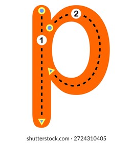 Hoja de trabajo educativa de rastreo P de letras minúsculas para niños. Adecuado para la práctica de escritura a mano en preescolar y aprendizaje temprano.
