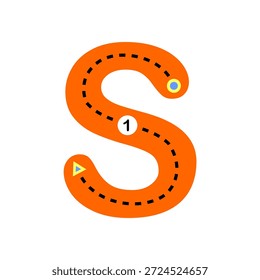 Hoja de trabajo educativa de rastreo de letras S en minúsculas para niños. Adecuado para la práctica de escritura a mano en preescolar y aprendizaje temprano.
