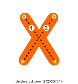 Hoja de trabajo educativa de trazado de letras X en minúsculas para niños. Adecuado para la práctica de escritura a mano en preescolar y aprendizaje temprano.