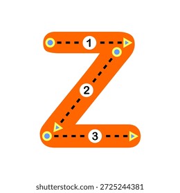 Hoja de trabajo educativa de trazado de letra Z minúscula para niños. Adecuado para la práctica de escritura a mano en preescolar y aprendizaje temprano.