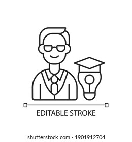 Icono lineal de gestión educativa. Entrenadores corporativos, educadores. Apoyo al crecimiento de los empleados. Ilustración personalizable de línea delgada. Símbolo de contorno. Dibujo de contorno aislado del vector. Trazo editable