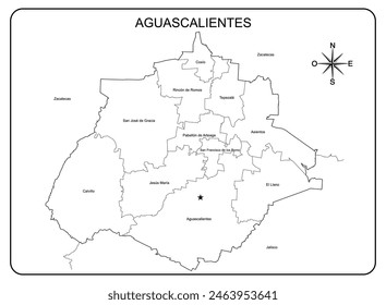 Mapa educativo del Estado de Aguascalientes en México, con división política de los pueblos con nombres