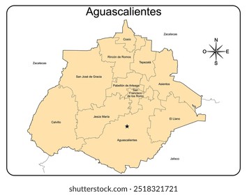 Mapa educativo del estado de Aguascalientes en México, con división política de los pueblos con nombres