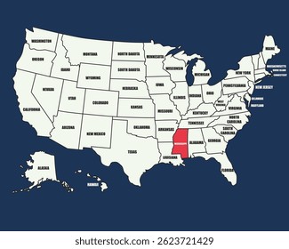 Mapa educativo de los Estados Unidos destacando Mississippi con estados etiquetados y detalles vibrantes.