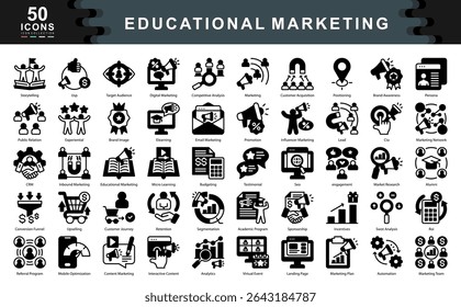 The Educational Marketing black icon set captures essential elements like storytelling, targeting, and engagement. Ideal for academic branding, outreach strategy, and learner conversion pathways.