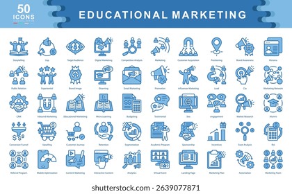 The Educational Marketing blue icon set captures essential elements like storytelling, targeting, and engagement. Ideal for academic branding, outreach strategy, and learner conversion pathways.