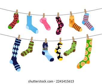 Educational match game, sock lines. Rope activity, laundry symbol, children clothesline, kids worksheet. Cotton socks with avocado, animals and geometric print. Vector design current background